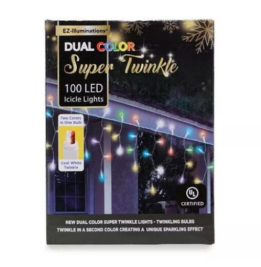Super Twinkle Multi-Color & Clear Dual Color 100 LED Icicle Light Set 15' New