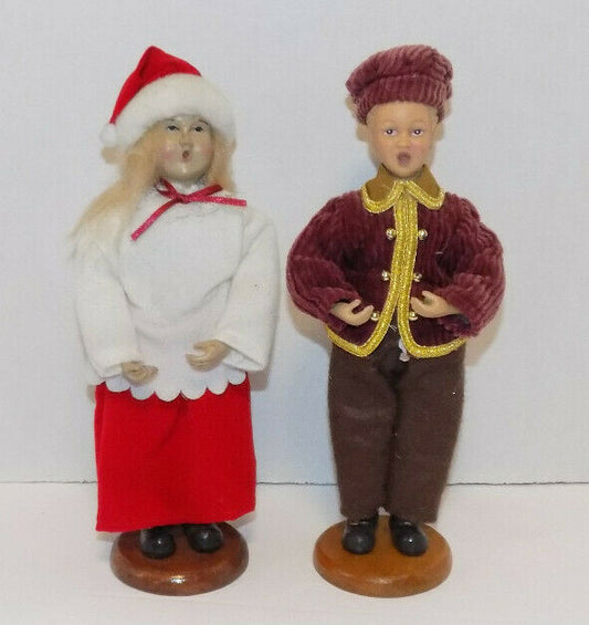 Vintage Christmas Figures Decorative Clothed Dolls Caroler Wood Base 10"