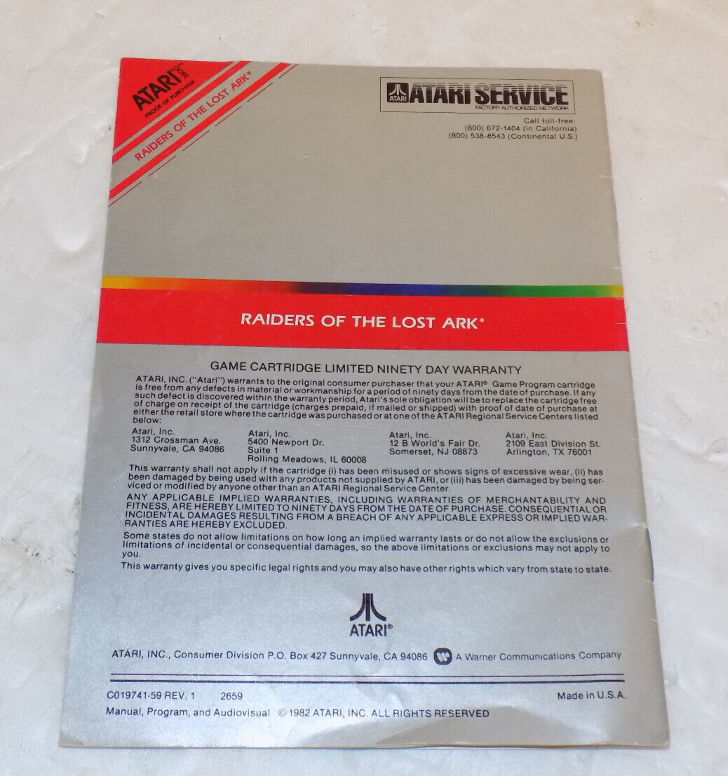 Atari 2600 Raiders Of The Lost Ark Video Game Instruction Manual Booklet 1982