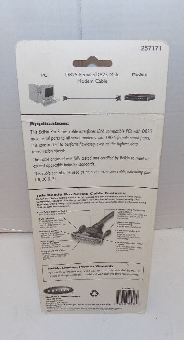 BELKIN Modem Cable PCs DB25 Serial Ports Pro Series 10' Female & Male F2J088-10