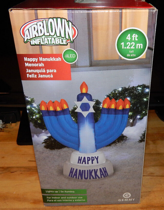 New Light Up Happy Hanukkah Menorah & Candles 4 Ft Airblown Inflatable Yard Art