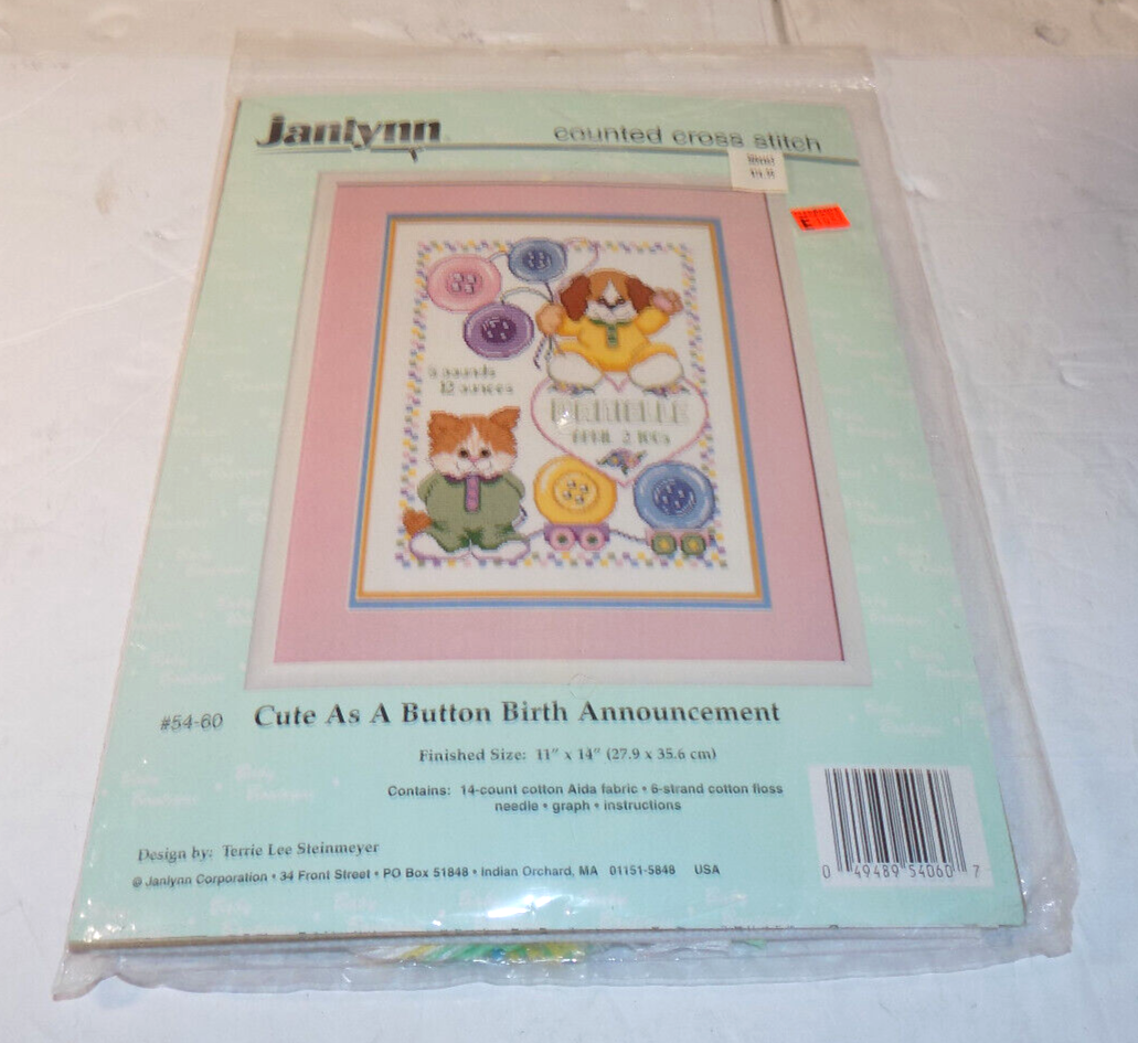 Janlynn Counted Cross Stitch #54-60 Cute As A Button Birth Announcement 11 x 14