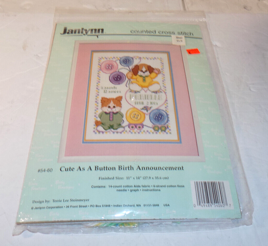 Janlynn Counted Cross Stitch #54-60 Cute As A Button Birth Announcement 11 x 14