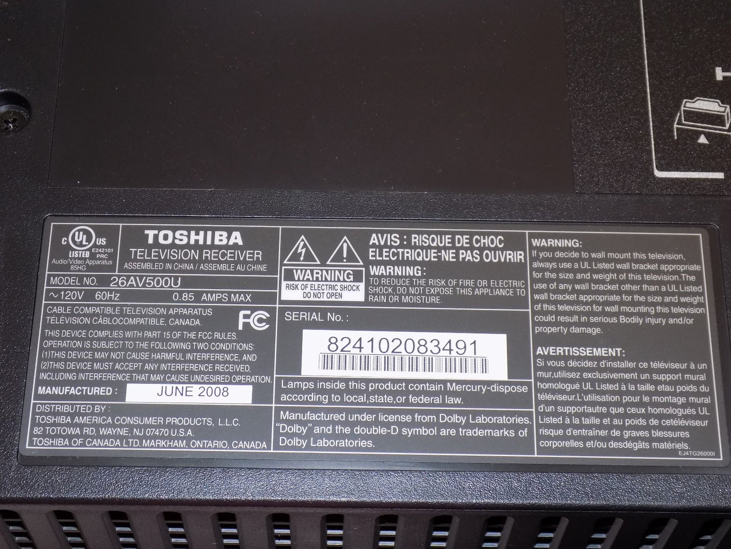 Toshiba 26AV500U 26" HDTV Television HD TV 720p with Remote Control