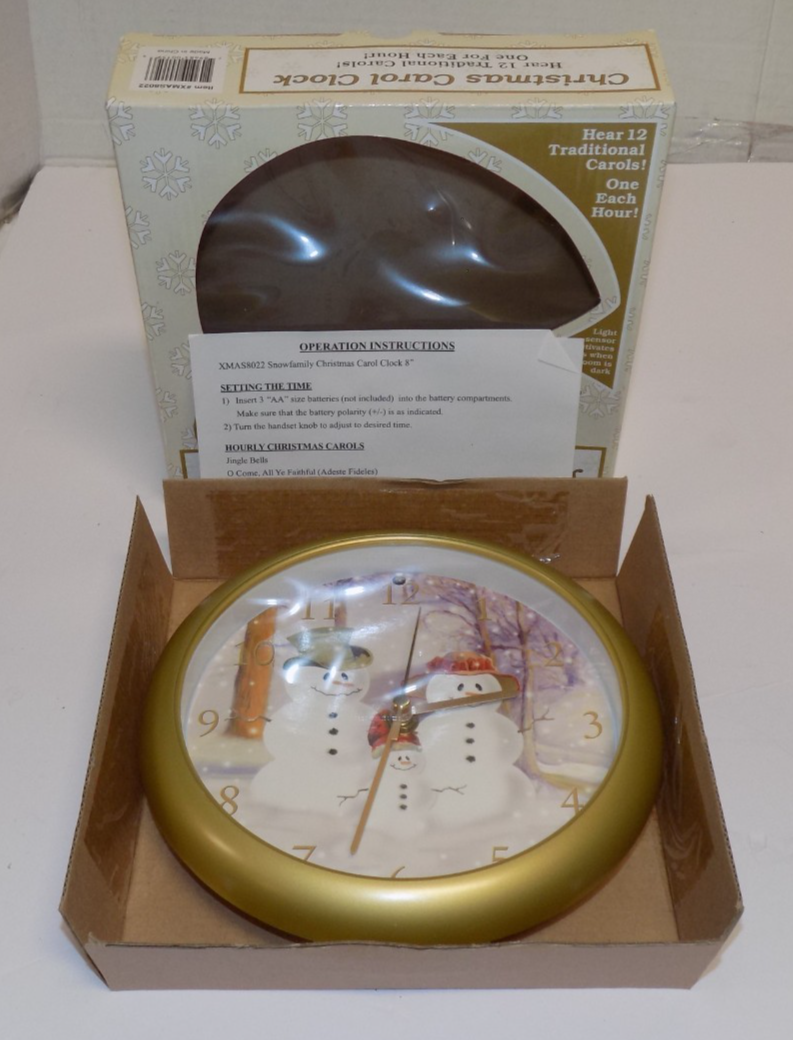 Christmas Carol Wall Clock 8" Feldstein Snowman Family Plays 12 Carols