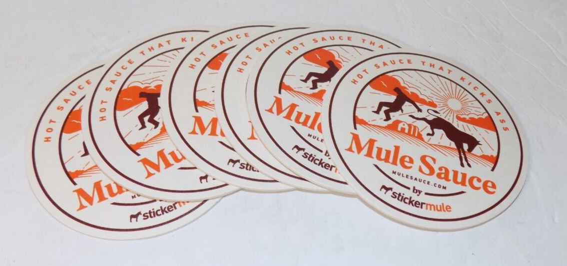 Set of 6 Stickermule Mule Sauce Hot Sauce That Kicks Ass Cardboard Coasters