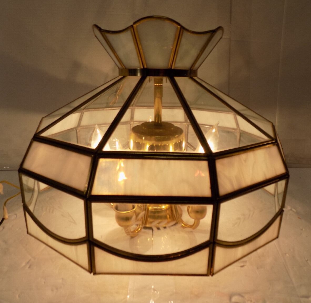 Vtg Tiffany Style 17" Clear Sleg Glass Ceiling Hanging Swag Lamp Direct Wire