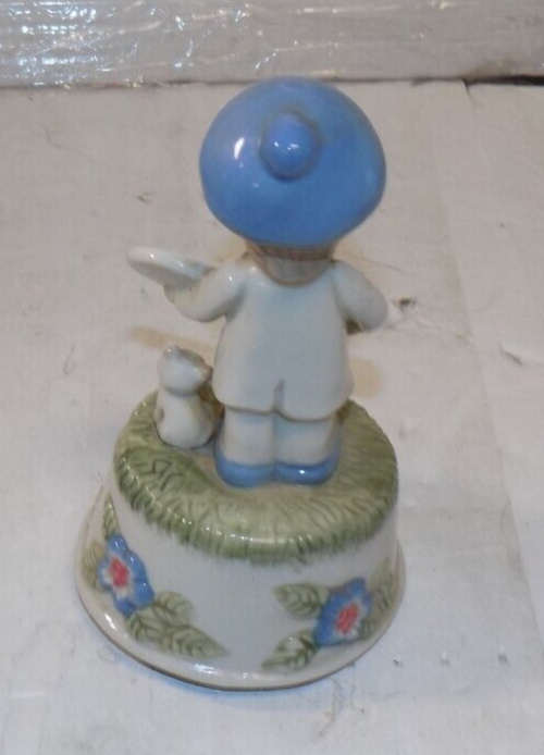 Vintage Porcelain Enesco Music Box Child Painting w/ Cat Kitten Butterfly Label