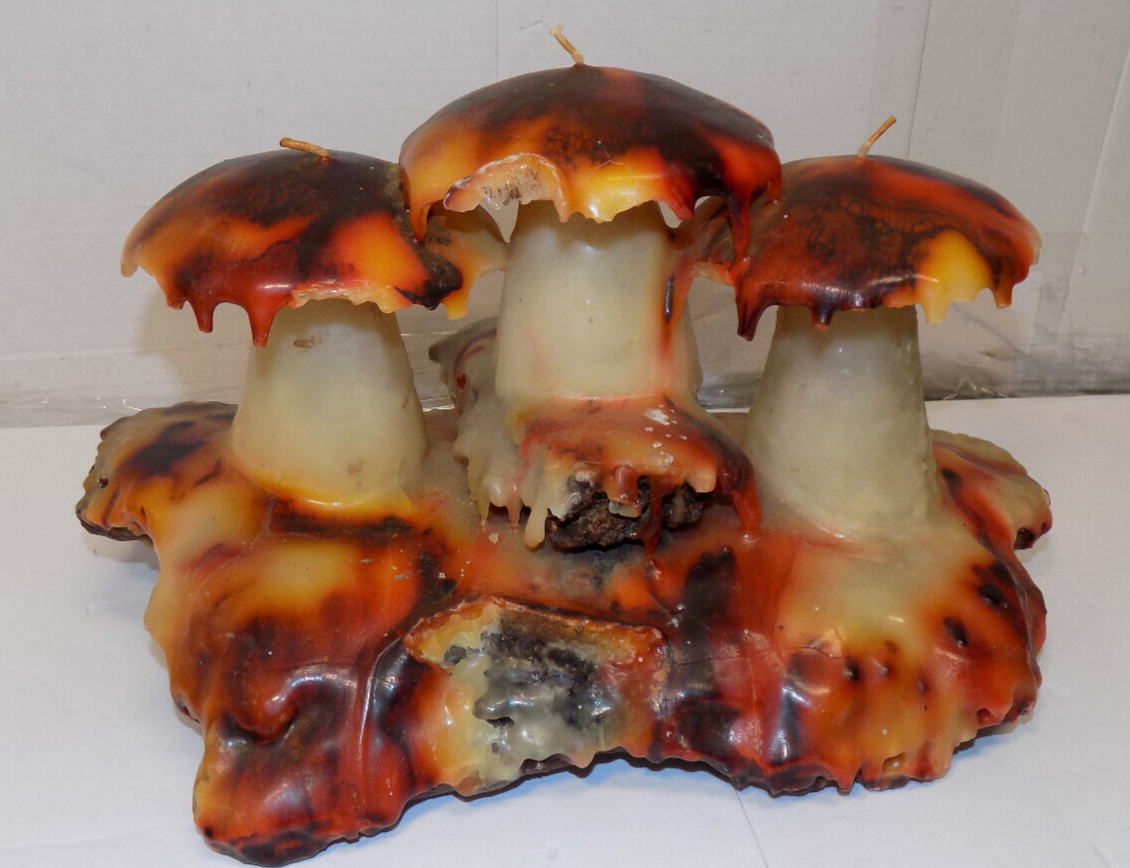 Vintage 1970's Wax Candle Sculpture Mushroom Wax Novelty Art Wood Base