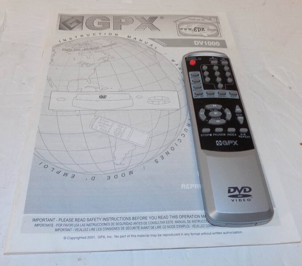Genuine GPX DV1000 DVD Player Remote Control And Instruction Manual IR Tested