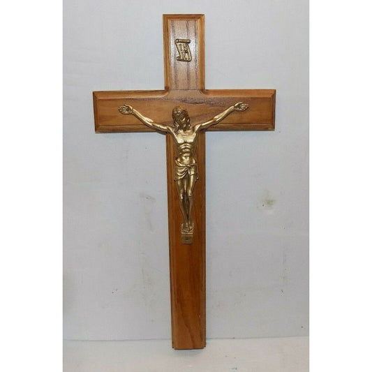 Vintage Catholic Crucifix Jesus Christ Wooden Brass 16" Tall