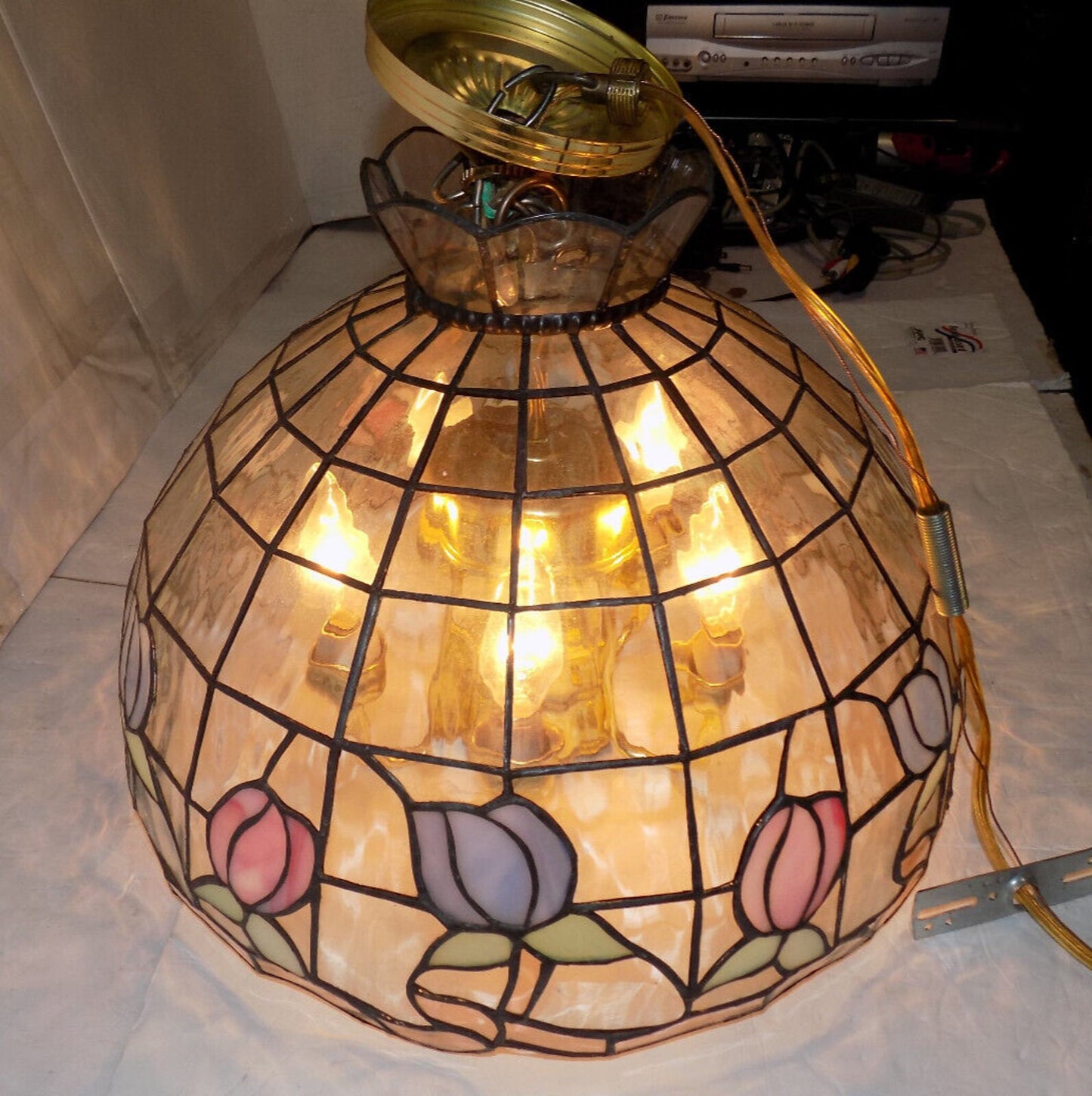 Vintage Tiffany Style Stained Glass Tulip Flower Slag Glass Clear Ceiling Hanging Lamp