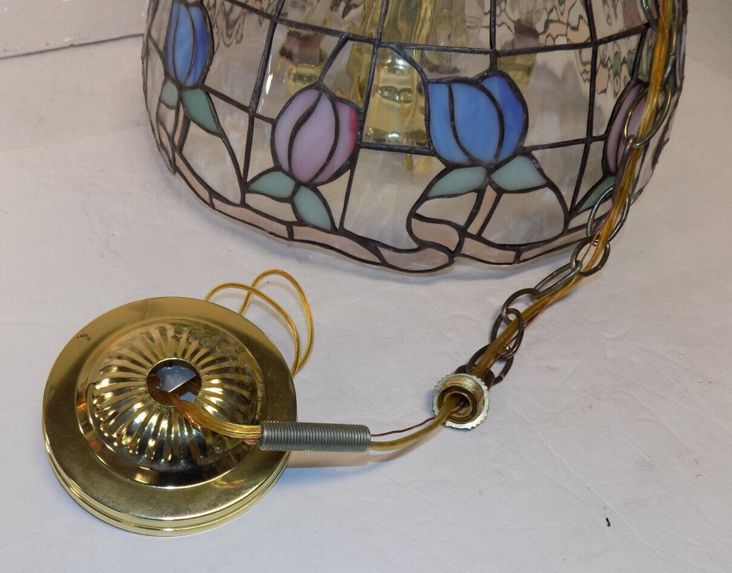 Vintage Tiffany Style Stained Glass Tulip Flower Slag Glass Clear Ceiling Hanging Lamp