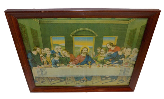 Antique 1911 The Lords Supper Framed Lithograph Print James Lee Chicago 11" x 13"